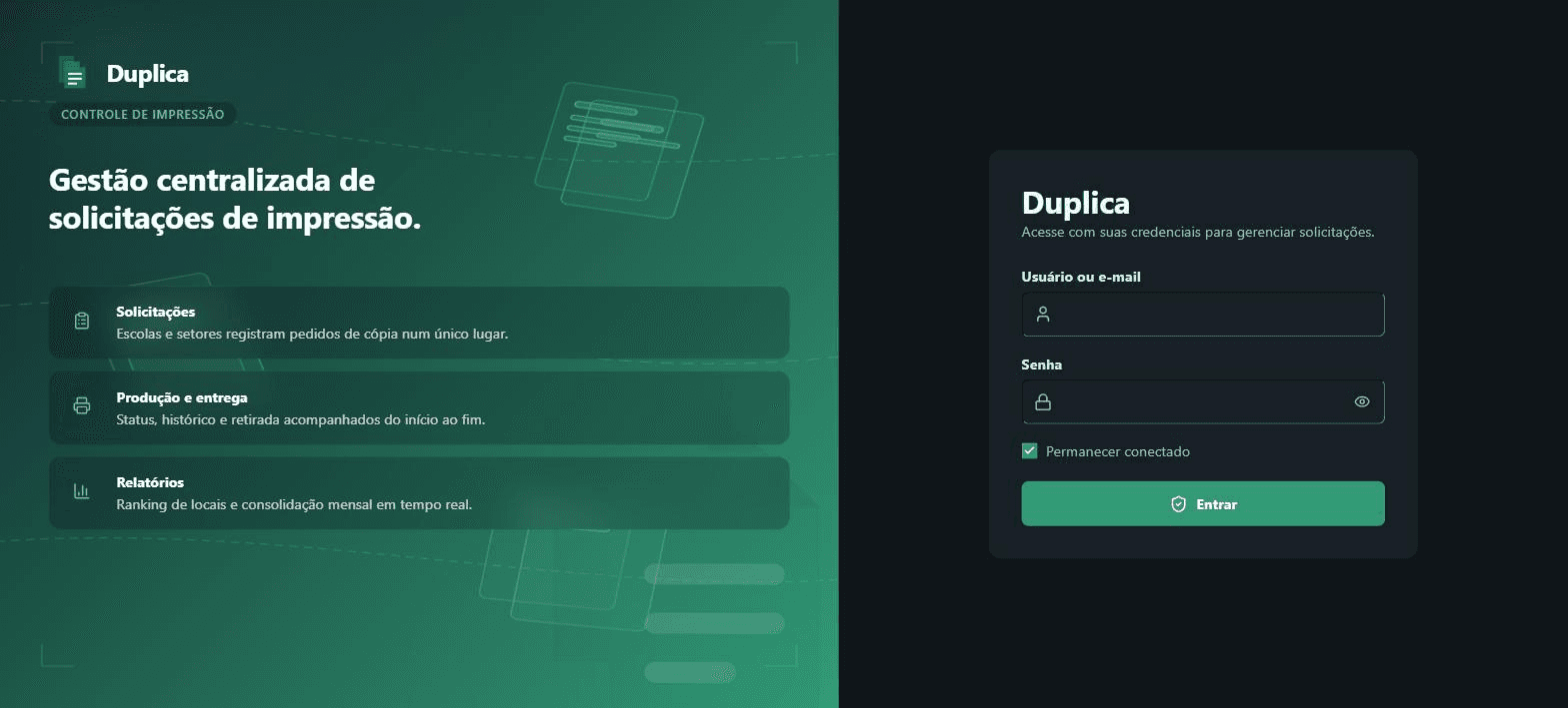 Tela de acesso do Duplica, com a apresentação do produto e o formulário de login.