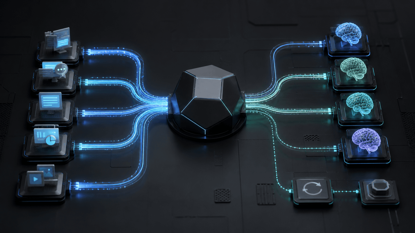 Aplicações conectadas a um gateway central que distribui chamadas entre múltiplos provedores de inteligência artificial.