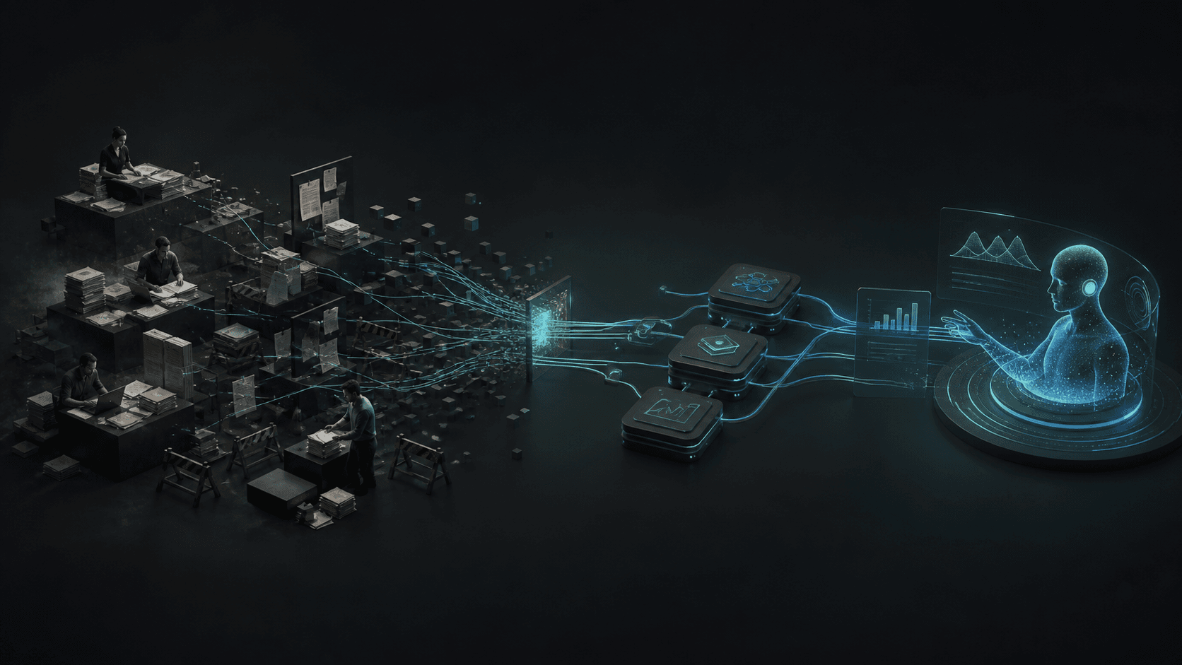 Fragmented business operation being connected to systems, automations, metrics, and artificial intelligence into a coordinated workflow.
