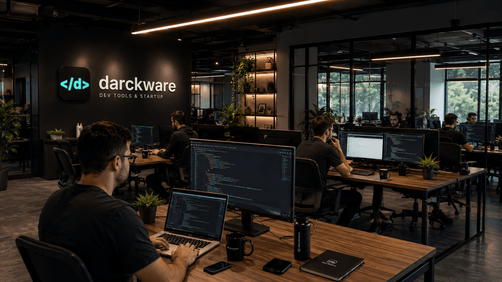Escritório da Darckware com a equipe de desenvolvimento trabalhando em múltiplas telas de código.